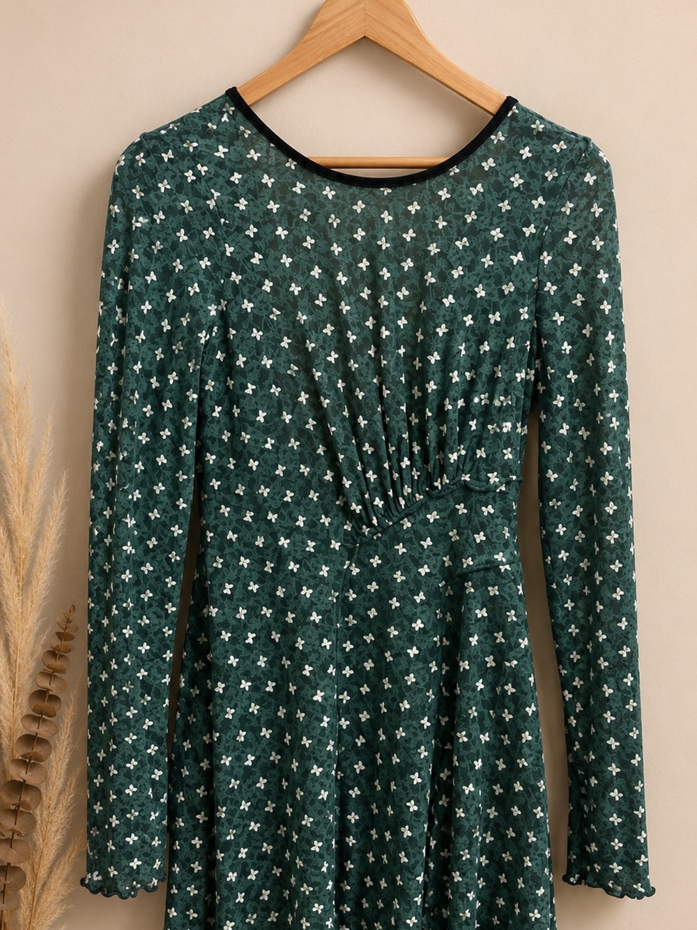 Free People Green Floral Lace Velvet Trim Mini Dress Size S